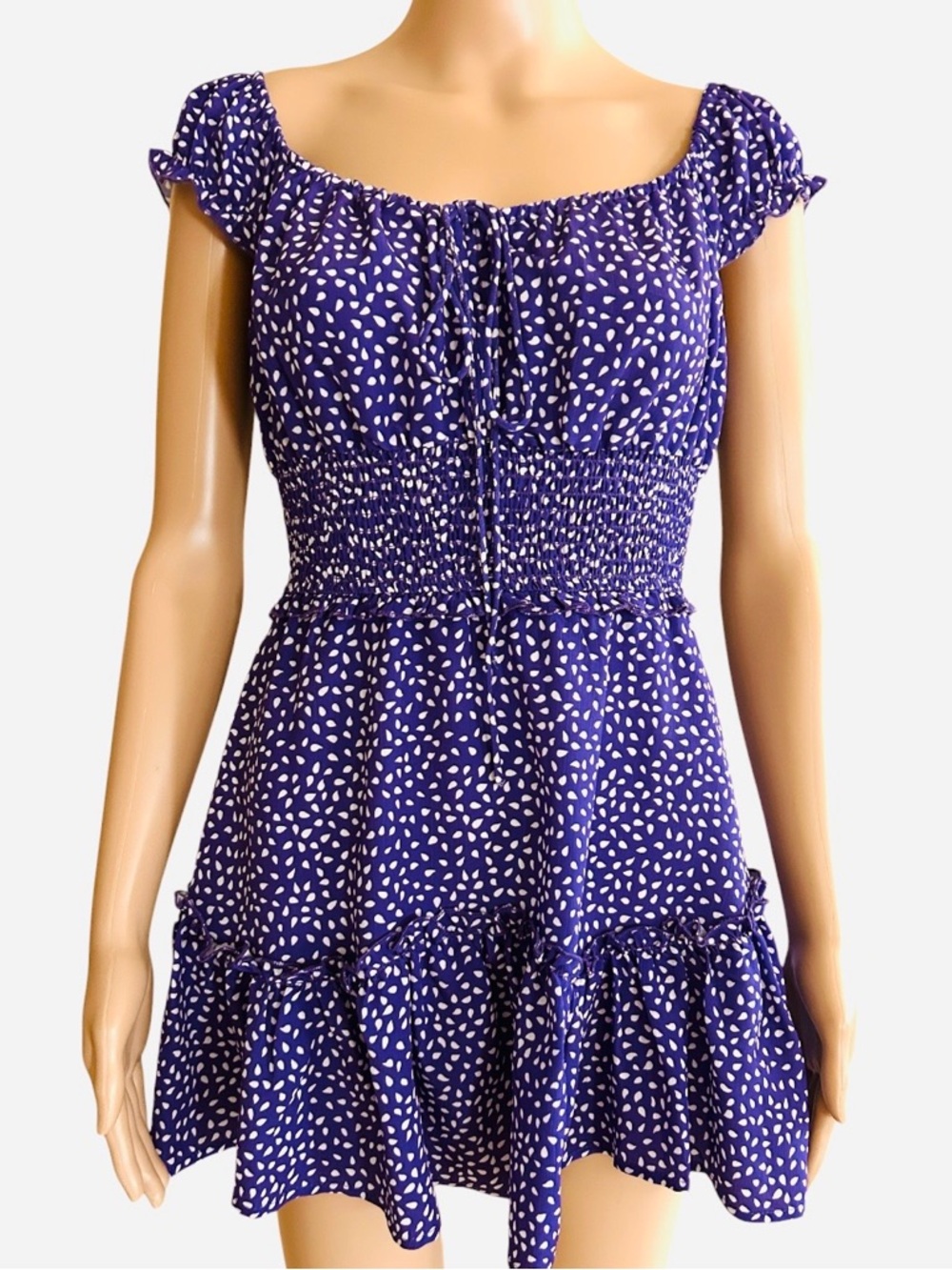 Purple Smocked Waist Mini Dress with White Seed  Print Sz.S